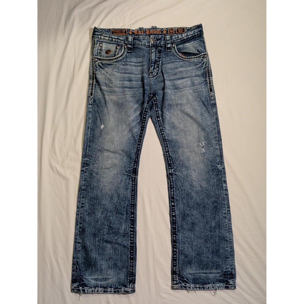 ROCK REVIVAL Earlin Boot Jeans Mens Size 36 Distressed Blue Y2K Western Waist Me - Picture 2 of 10